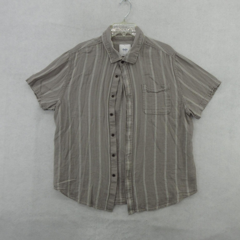 Katin Shirt Mens XL Gray Stripe Cotton Linen Short Sleeve Button Up Casual